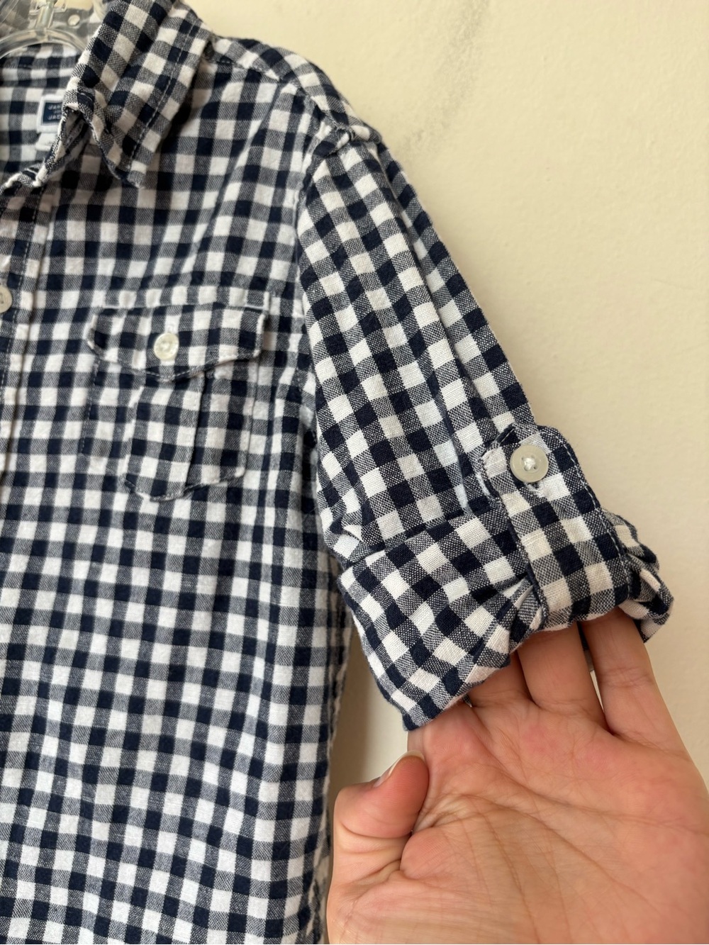 JANIE and JACK Gingham Linen/Cotton Button Down Shirt Navy Blue & White Sz 3 - Picture 7 of 11